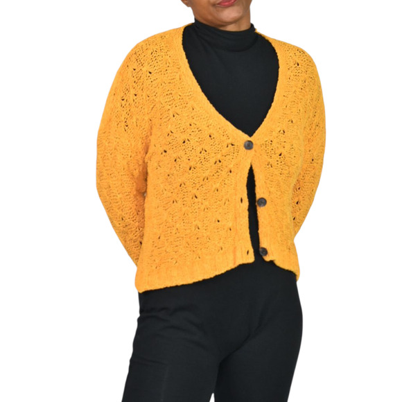 American Eagle Cropped Cardigan Sweater Yellow Slouchy Crochet Knit Boxy XS - Picture 10 of 13